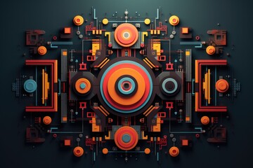 Poster - Vibrant geometric tech symbols create a dynamic composition with circular patterns, lines, and colors, representing innovation in a digital landscape that captures attention and imagination