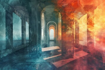 Poster - Fading echoes of a digital dreamscape reveal an ethereal archway amidst swirling colors and reflections at dusk, inviting exploration and reflection on the edge of reality