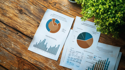 Poster - Financial Report Analysis: Detailed financial reports with bar and pie charts rest on a rustic wooden desk, beside a small potted plant, suggesting a review or planning session.