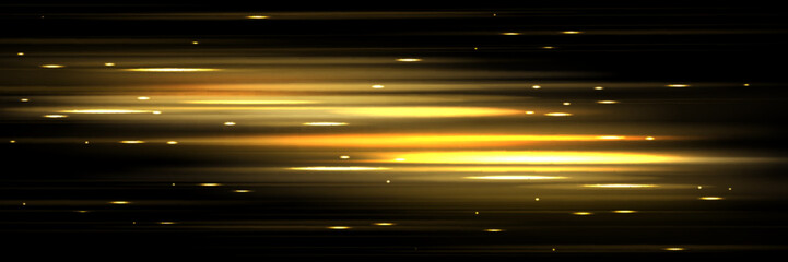 Poster - Horizontal golden speed light streaks with bright glowing particles, shimmering sparkles and luminous motion trails on dark background. Fast movement effect for futuristic technology design element.