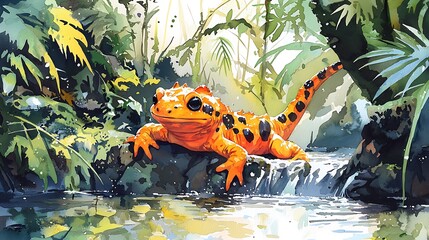 Wall Mural - Vibrant Orange Salamander Relaxing by a Waterfall in a Lush Tropical Rainforest.