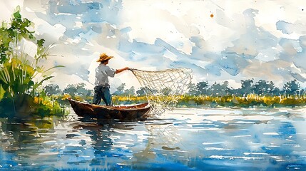 Wall Mural - A Fisherman in a Small Boat Casts His Net on a Calm River Under a Cloudy Sky, Watercolor Painting.