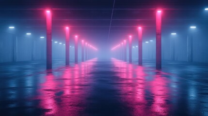 Neon-lit parking garage, misty, pink blue lights, futuristic background, cyberpunk design