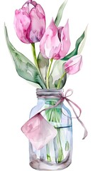 Wall Mural - A delicate watercolor illustration of a solitary pink tulip in a slender glass vase, with soft pastel shades and minimalist styling, set on a white background for easy cut-out use. 8k UHD, suitable 