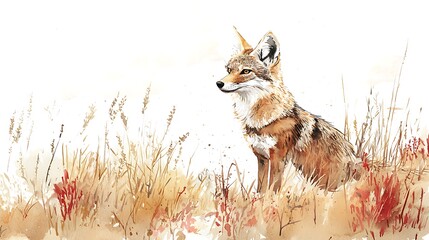  Watercolor Painting of a Coyote Sitting in Tall Grass.