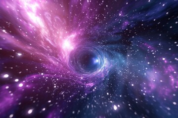 Poster - Particles of light converge into a cosmic portal filled with vibrant colors and swirling galaxies, creating an awe-inspiring visual of the universe's depths
