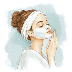 Serene Woman Applying a Facial Mask, Watercolor Style Illustration.