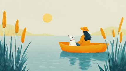 Wall Mural - Woman and Dog in Orange Boat on Calm Lake at Sunset.