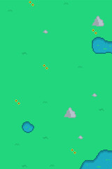 Poster - Green Grass with flowers and Ponds, Top-down view Pixel Art Background