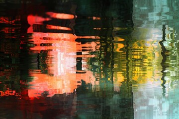 Poster - Abstract reflections dance on the surface of a glassy cybernetic lake, showcasing vibrant colors that echo the surrounding environment in an otherworldly twilight setting