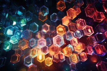 Poster - Vibrant hexagonal prisms fall through a digital atmosphere filled with colorful light and reflections, creating a mesmerizing visual experience in a fantasy realm