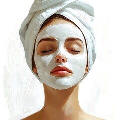 Serene Woman with Facial Mask, Artistic Paint Style.