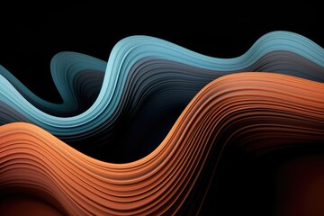Poster - Soft waves of blue and orange colors undulate gracefully over a jet black background, creating a mesmerizing abstract display of fluidity and harmony in motion