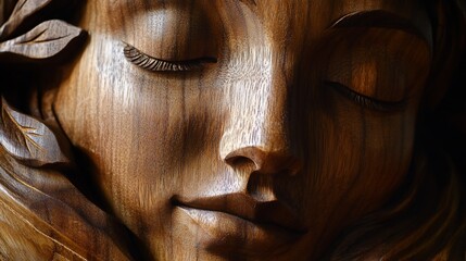 Serene wooden woman carving, close-up