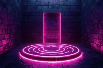 Poster - Mysterious neon portal activation dark chamber digital art futuristic environment low angle view sci-fi concept