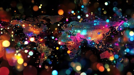 Poster - Abstract world map featuring a digital grid and binary lights.