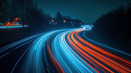 Poster - Artistic curved light trails in blue tones on black.