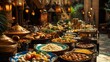 © Pure Imagination - A lavish spread of Middle Eastern cuisine, displayed on ornate copper and brass serving dishes under warm lighting