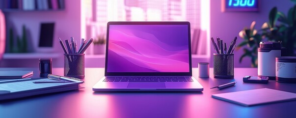 Poster - Modern Workspace Featuring Laptop and Office Supplies in Digital Glow
