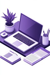 Poster - Isometric Illustration of a Laptop Desk Workspace in Modern Purple Tones