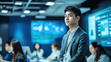 Poster - Asian student in a futuristic classroom setting, showcasing innovation and advanced educational tools.