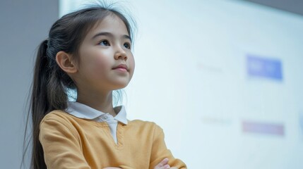 Poster - Asian student in an interactive classroom environment highlighting technology on solid white background