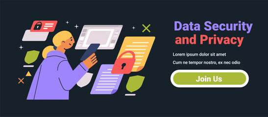 Poster - Data Security and Privacy concept colorful illustration of a person using a smartphone with security icons and documents on a dark background