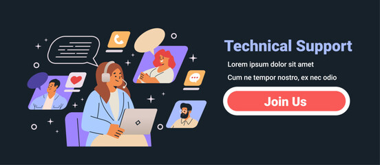 Poster - Technical support team providing assistance online. Diverse individuals communicating via video call and chat on dark background. Website banner design