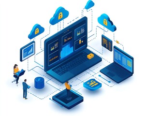 Poster - Global digital business network, emphasizing data exchange, cloud computing, business intelligence, blockchain technology, and digital marketing for growth