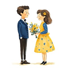 Wall Mural - Watercolor illustration of a young couple, the man in a blue suit and the woman in a yellow dress, exchanging a bouquet of yellow flowers.