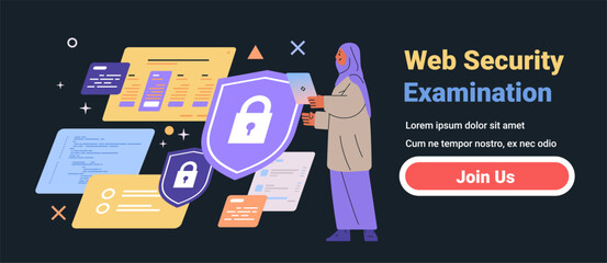 Poster - Web security examination concept with woman holding tablet surrounded by floating security shields and code snippets dark background website banner