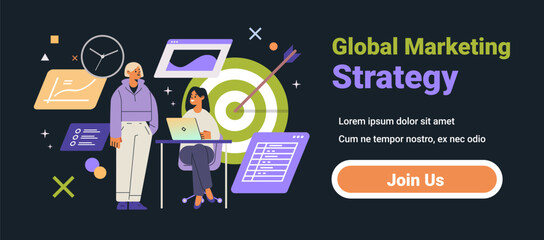 Poster - global marketing strategy business concept with two people discussing at a table surrounded by chart