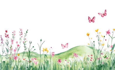 Wall Mural - PNG Watercolor spring meadow border flowers butterflies painting.