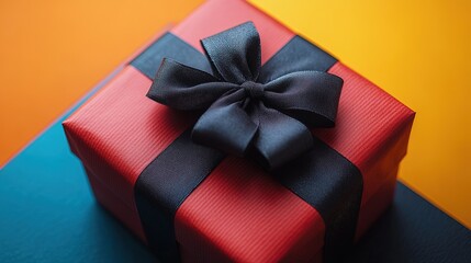 Wall Mural - A beautifully wrapped red gift box with a black ribbon, set against a vibrant orange background.