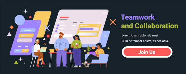 Poster - teamwork and collaboration concept with diverse team working on digital project dark background geom
