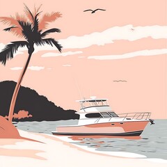 Wall Mural - Peaceful Sunset Scene A Luxury Yacht Docked by a Tropical Palm Tree on a Sandy Beach.