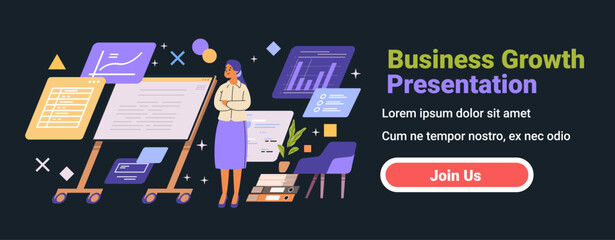 Poster - business growth presentation woman analyzing charts graphs data dark background modern interface des