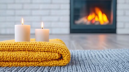 Cozy Living Room with Blankets and Candles by Fireplace