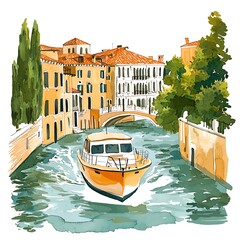 Wall Mural - Watercolor painting of a boat navigating a canal in Venice, Italy, with picturesque buildings and lush greenery.