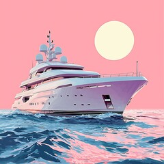 Wall Mural - Luxury Yacht Sailing on Pink Sunset Ocean Stylish Vector Illustration.