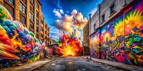 Poster - Panoramic Smart Burst Graffiti Explosion: Vivid Urban Art
