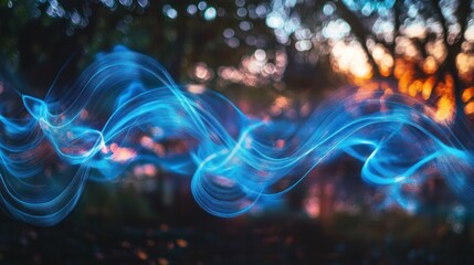 Fototapete - Moving blue light lines with an abstract design.