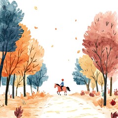 Wall Mural - Person riding a horse on a path through an autumnal forest, watercolor illustration.