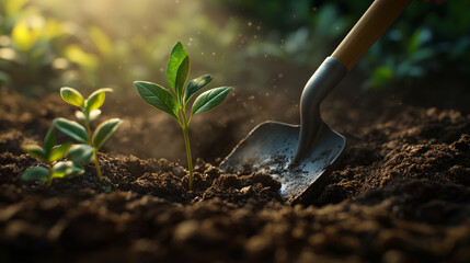 A gardener planting young seedlings in soil with a spade under soft morning light