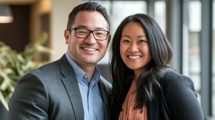 Poster - Smiling multi-ethnic business professionals in natural lighting.