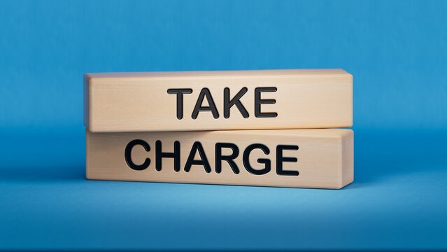 Take charge symbol. Wooden blocks with words Take charge.Business and Take charge concept. Wooden cube blocks. Copy space.3D rendering on blue background.
