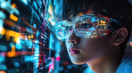 Poster - tech-savvy asian student with a digital focus, emphasizing innovation and modern education tools.