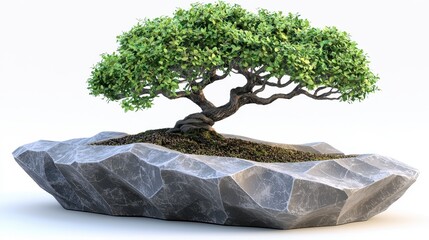 Wall Mural - Lush green bonsai tree in grey stone pot, isolated on white.