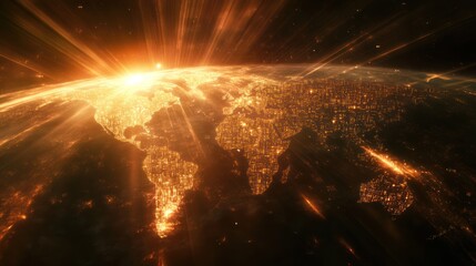 Poster - World map featuring subtle binary code and light rays.