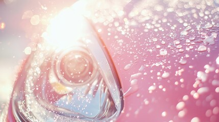 Poster - Close-Up of Polished Car Headlight with Water Droplets and Sunlight Reflection
